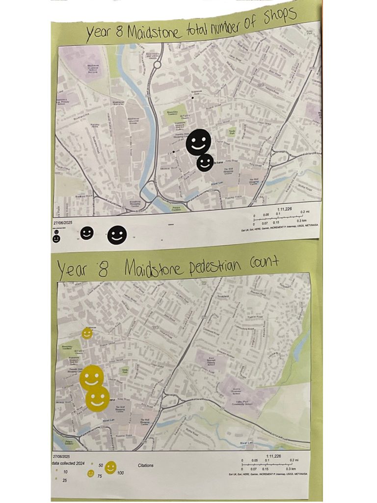 Year 8 Maidstone maps of number of shops and pedestrian count