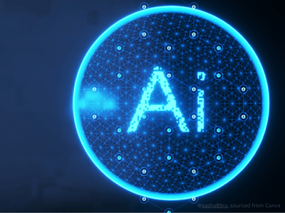 Graphic of dark background with AI in a circle connected to people icons. Graphic by sasha85ru sourced from Canva.