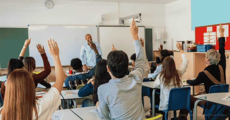 Speaking and listening photo of students with hands raised. Photo by Unai Huizi sourced from Canva